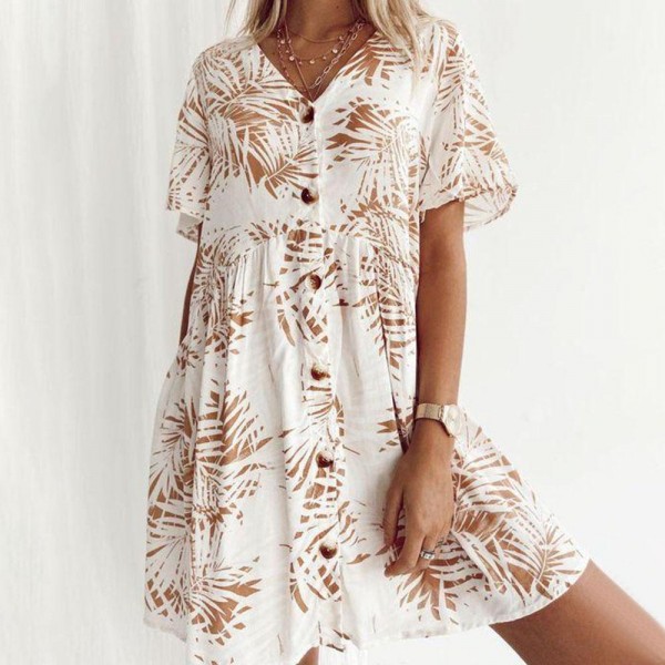 Modest V-Neck Button-Front Short Sleeve Printed Mini Dress