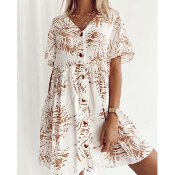 Modest V-Neck Button-Front Short Sleeve Printed Mini Dress