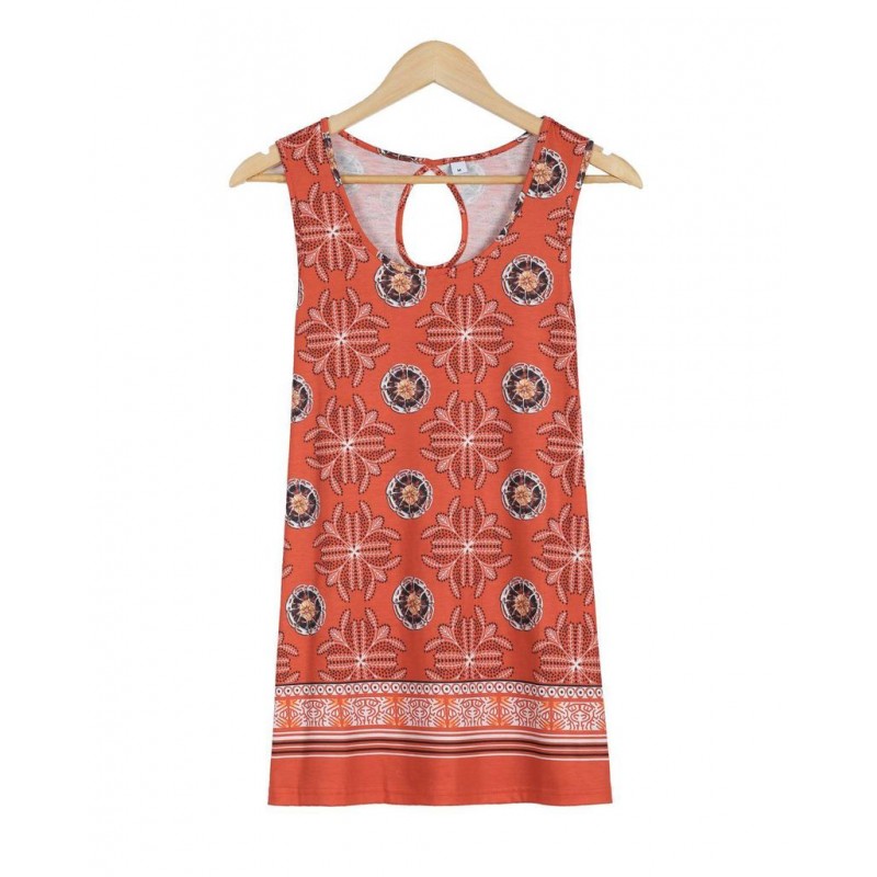 Retro Print Round Neck Sleeveless Top