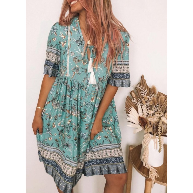 Retro Print V-Neck Short Sleeve Mini Dress