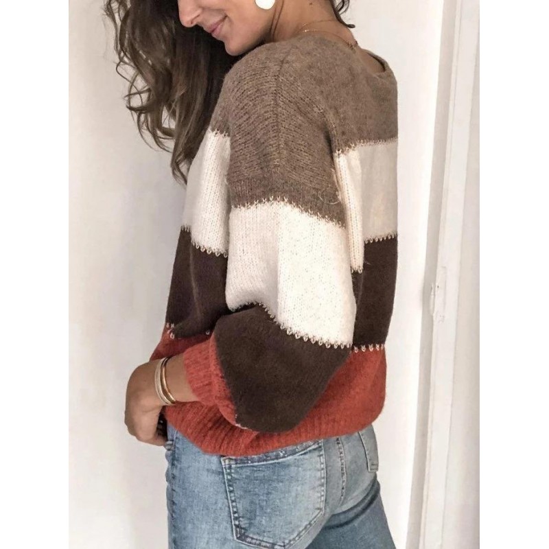 Round Neck Color Block Striped Sweater