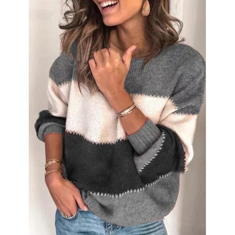 Round Neck Color Block Striped Sweater