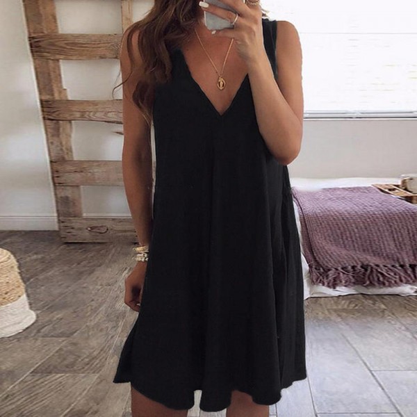 Simple Black V-Neck Sleeveless Mini Dress