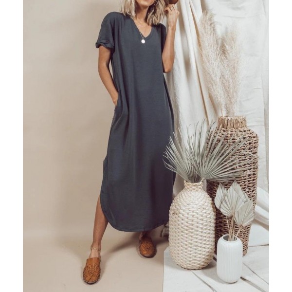 Simple Plain V-Neck Side Pocket Maxi Dress