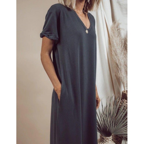 Simple Plain V-Neck Side Pocket Maxi Dress