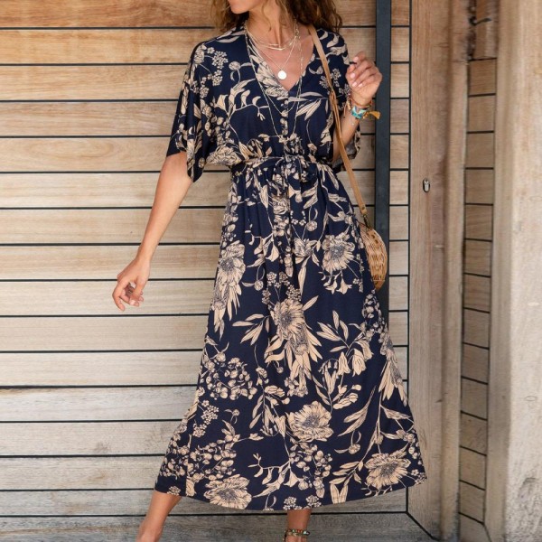 Simple V-Neck Short Sleeve Midi Dress