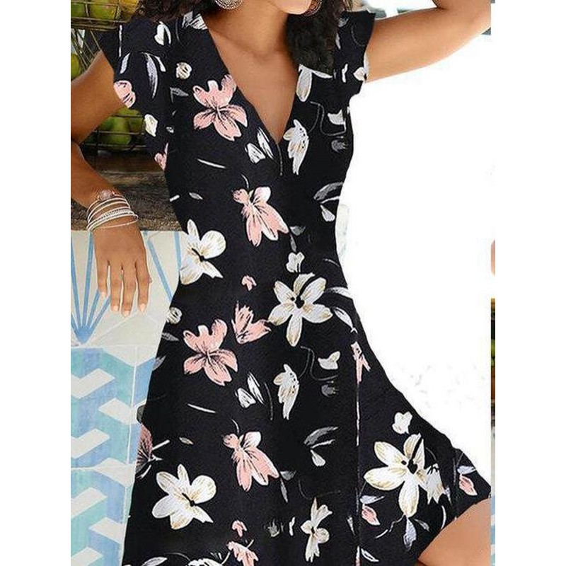 Stylish Black V-Neck Printed Mini Dress