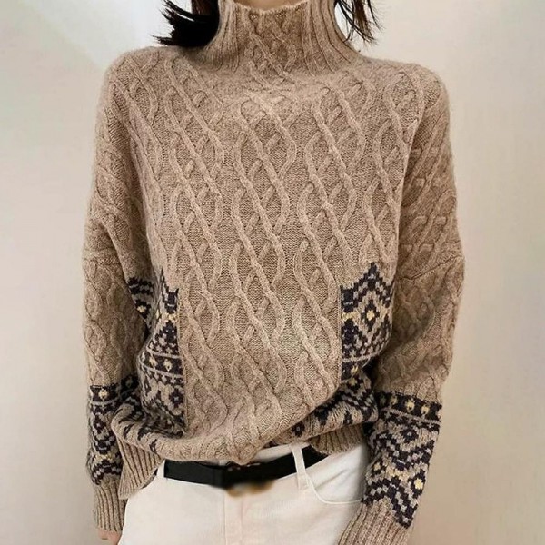 Stylish High Neck Cable-Knit Long Sleeve Printed Sweater