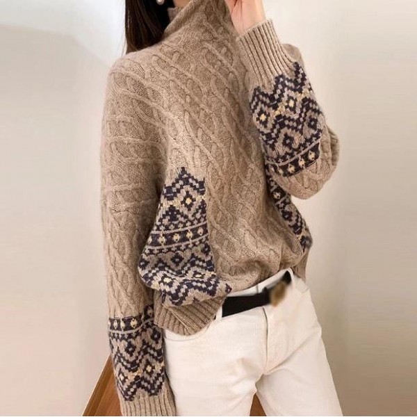 Stylish High Neck Cable-Knit Long Sleeve Printed Sweater