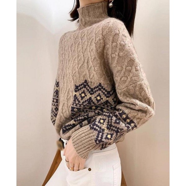 Stylish High Neck Cable-Knit Long Sleeve Printed Sweater