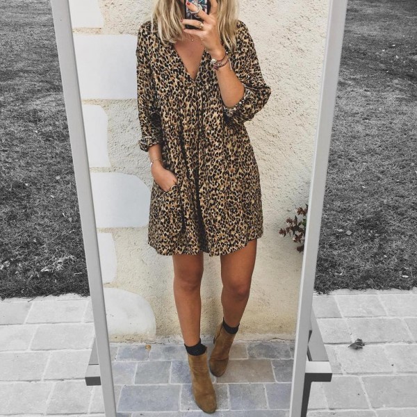 Stylish Leopard Print V-Neck Side Pocket Mini Dress