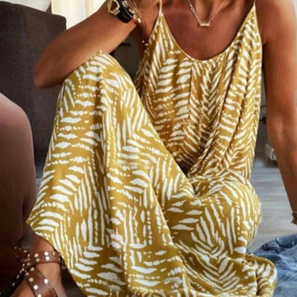 Stylish Spaghetti Straps U-Collar Printed Maxi Dress