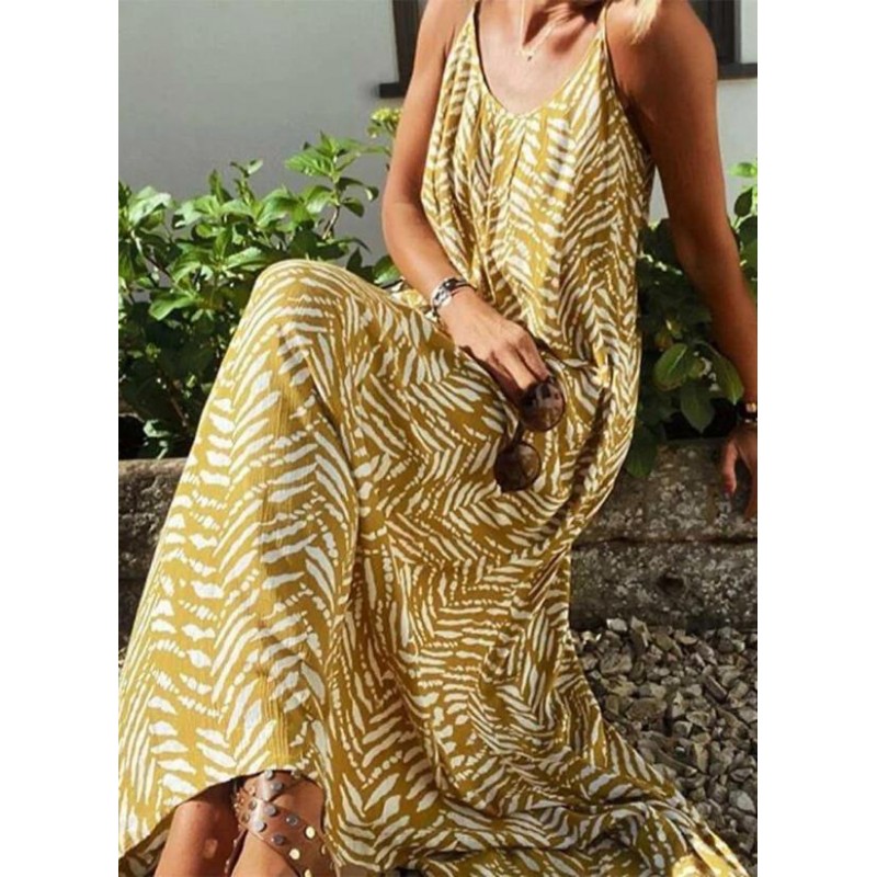 Stylish Spaghetti Straps U-Collar Printed Maxi Dress