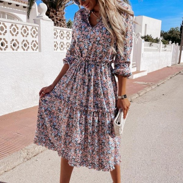 Sweet Floral Print V-Neck Long Sleeve Midi Dress