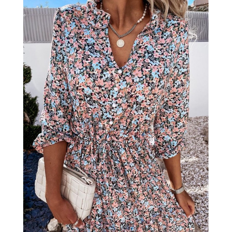 Sweet Floral Print V-Neck Long Sleeve Midi Dress