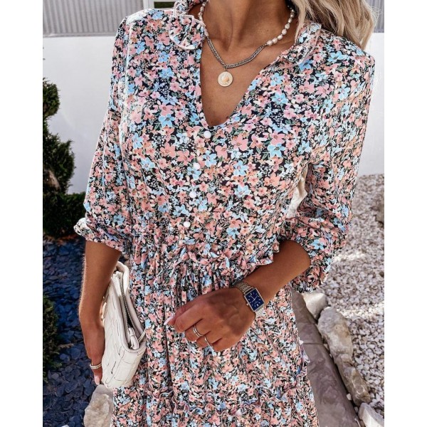 Sweet Floral Print V-Neck Long Sleeve Midi Dress