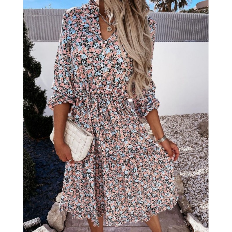 Sweet Floral Print V-Neck Long Sleeve Midi Dress