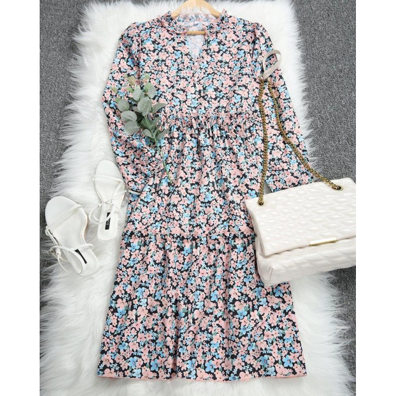 Sweet Floral Print V-Neck Long Sleeve Midi Dress