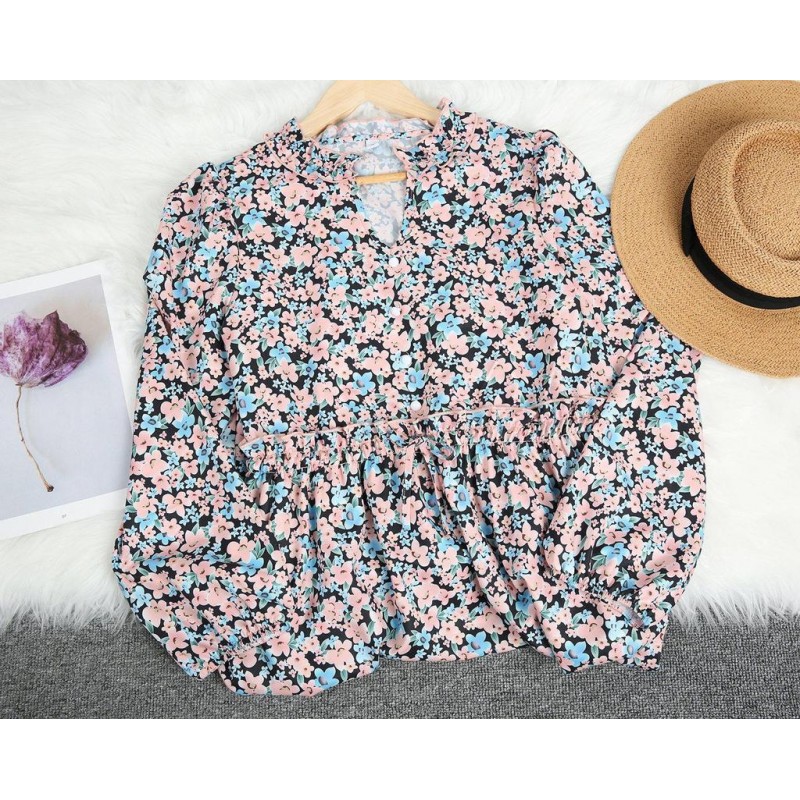 Sweet Floral Print V-Neck Long Sleeve Midi Dress