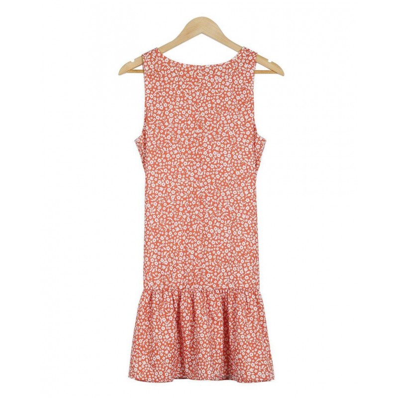 Sweet V-Neck Flounced Hem Sleeveless Printed Mini Dress