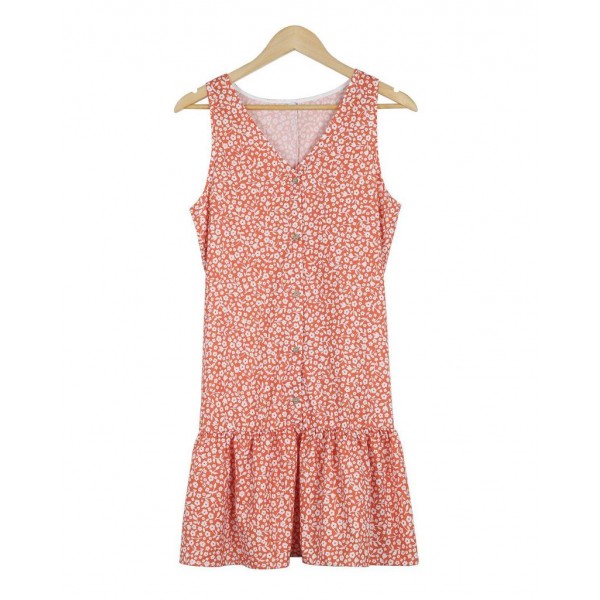 Sweet V-Neck Flounced Hem Sleeveless Printed Mini Dress