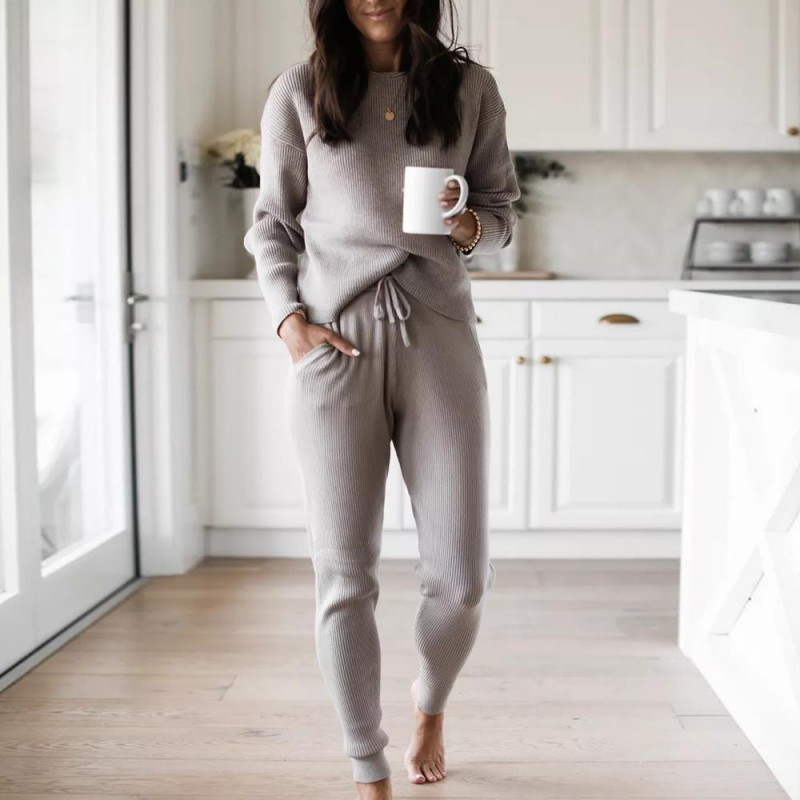 Temperament Plain Crew Neck Long Sleeve Sweater Lounge Set