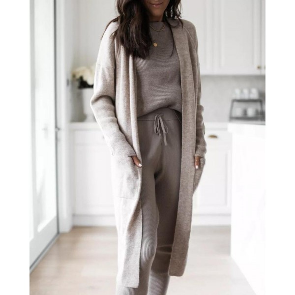 Temperament Plain Crew Neck Long Sleeve Sweater Lounge Set