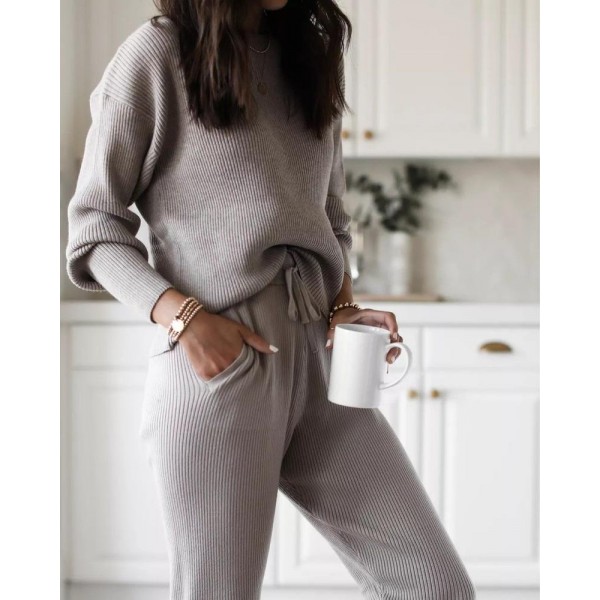 Temperament Plain Crew Neck Long Sleeve Sweater Lounge Set