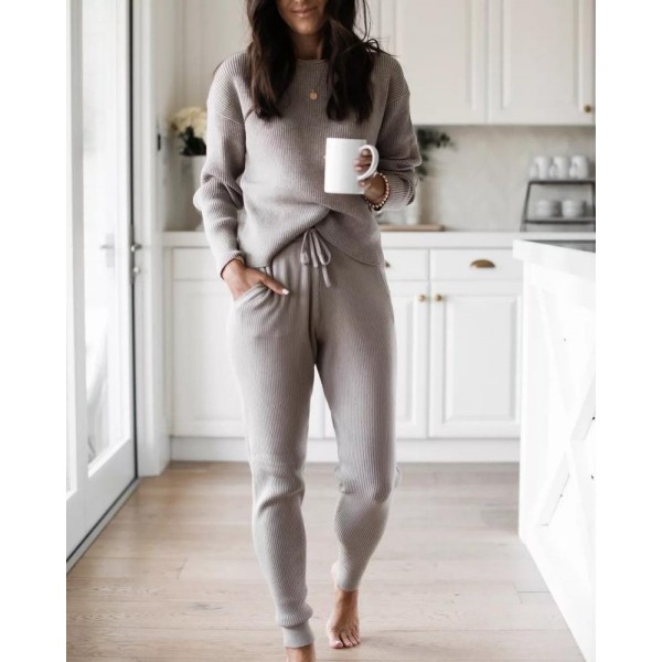 Temperament Plain Crew Neck Long Sleeve Sweater Lounge Set