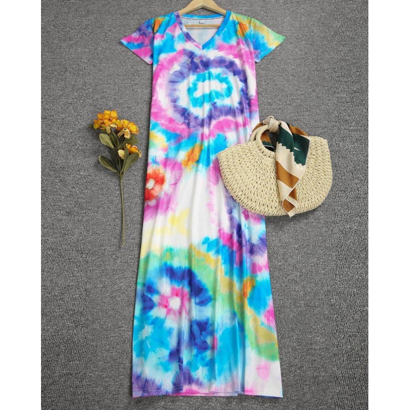 Trendy  Tie Dye Print Thigh-High Side Slit Short Sleeve Maxi Dress