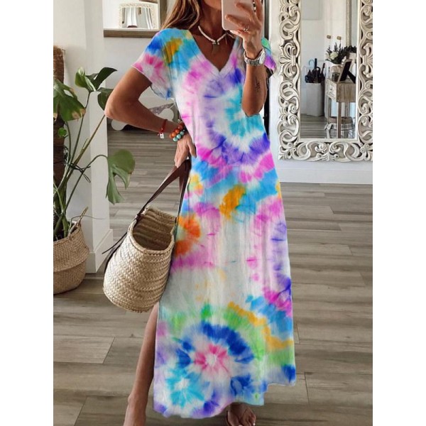 Trendy  Tie Dye Print Thigh-High Side Slit Short Sleeve Maxi Dress