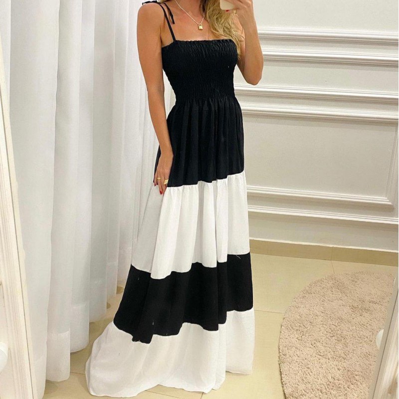 Trendy Adjustable Straps Color Block Maxi Dress