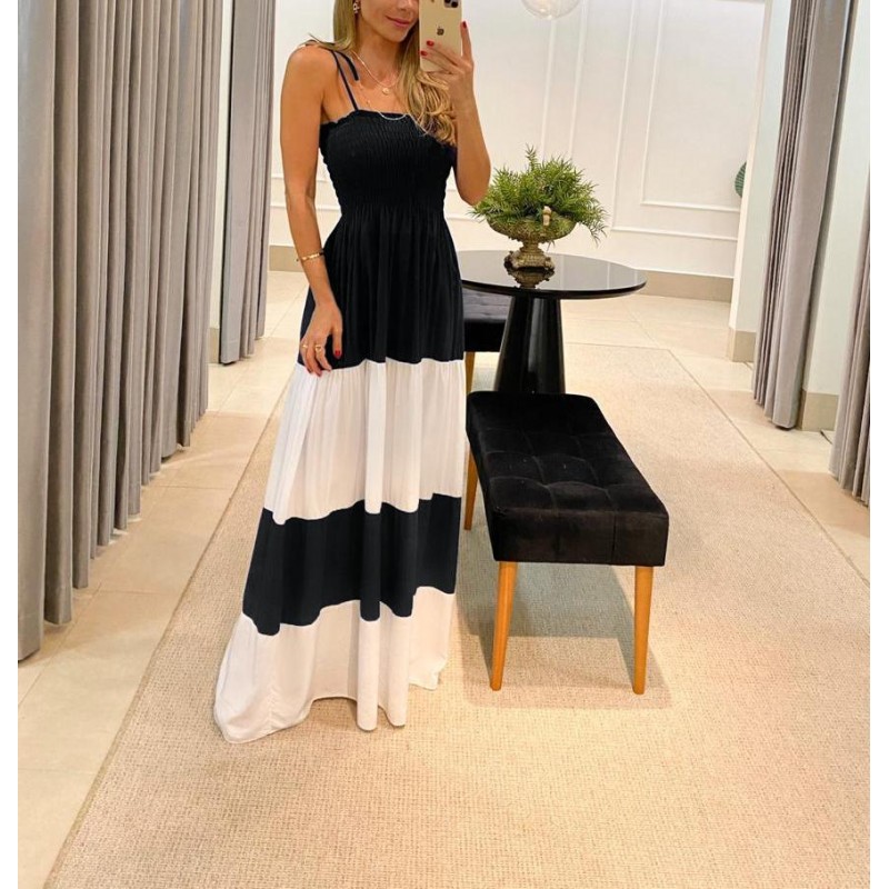 Trendy Adjustable Straps Color Block Maxi Dress