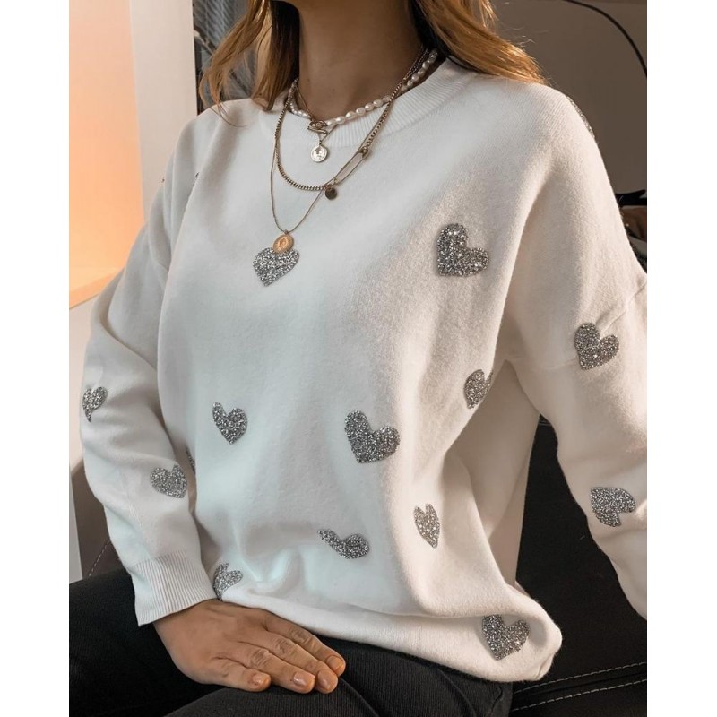 Trendy Heart Printed Loose Long Sleeve Sweater