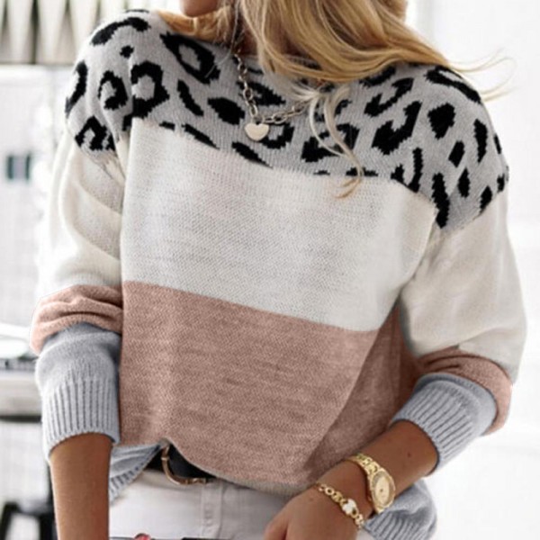 Trendy Leopard Color Block Ribbed Long Sleeve Sweater