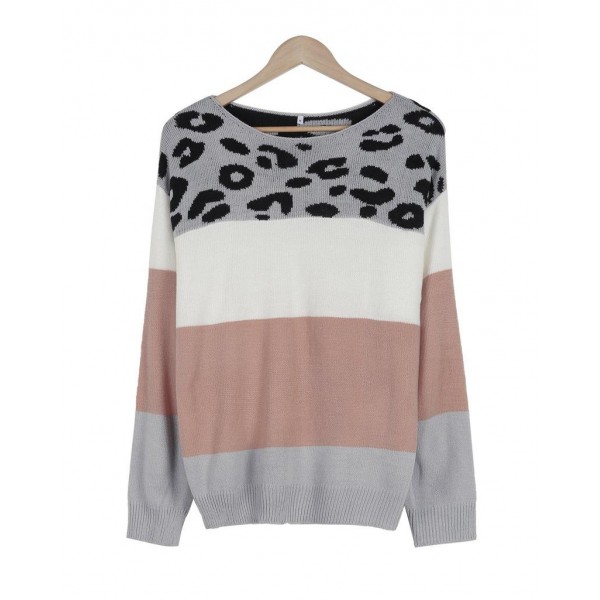 Trendy Leopard Color Block Ribbed Long Sleeve Sweater