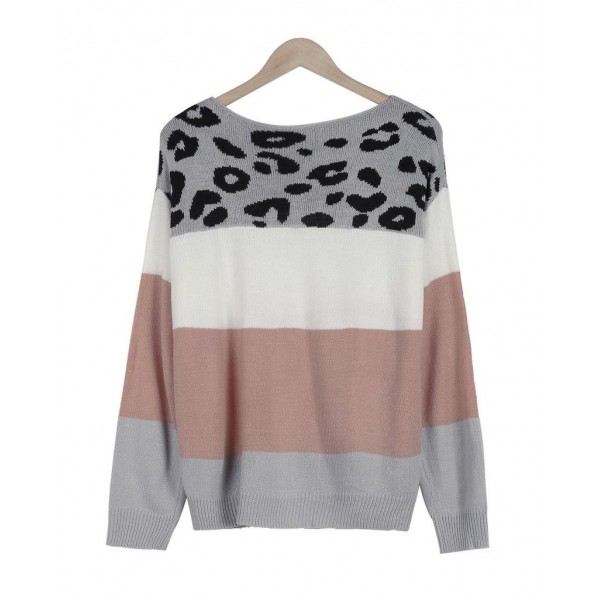 Trendy Leopard Color Block Ribbed Long Sleeve Sweater