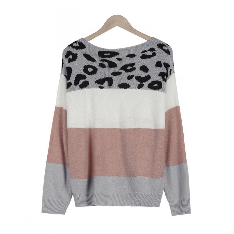 Trendy Leopard Color Block Ribbed Long Sleeve Sweater