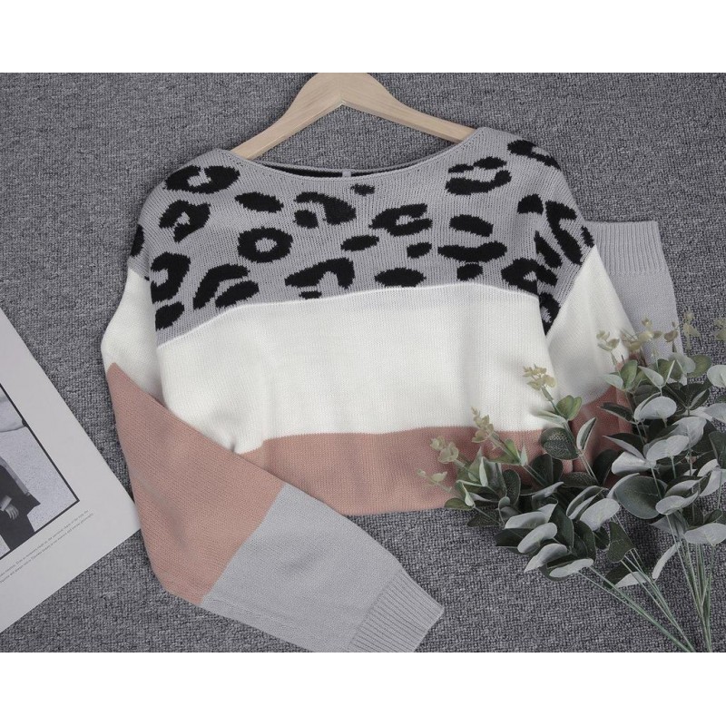 Trendy Leopard Color Block Ribbed Long Sleeve Sweater