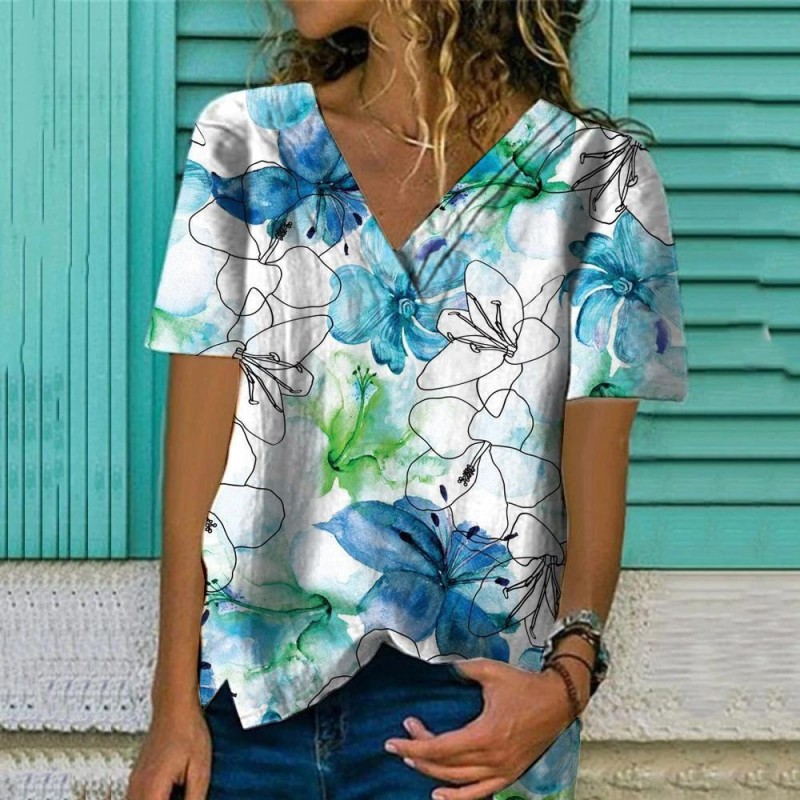 Trendy V-Neck Short Sleeve Printed T-Shirt