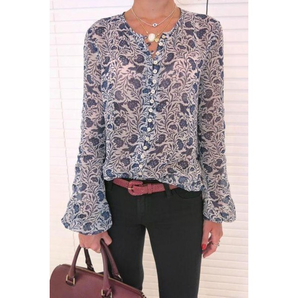 Vintage Blue Floral Print Long Sleeve Shirt