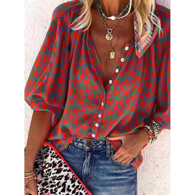 Vintage Red Floral V-Neck Loose Blouse