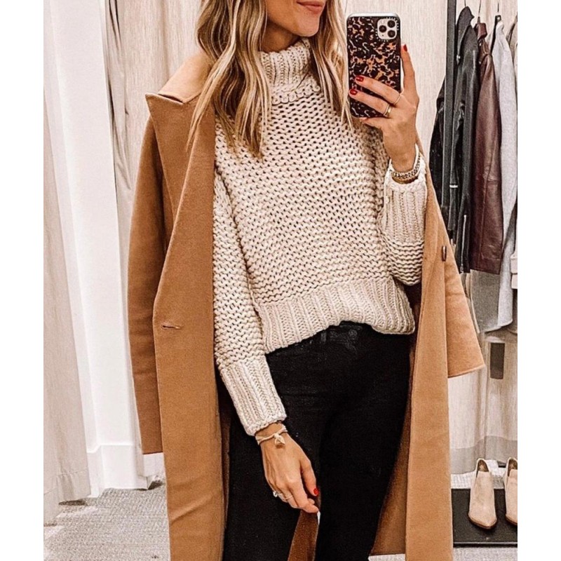 Wide Ribbed Edge Round Neck Long Sleeve Sweater