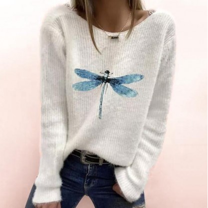 Youthful Blue Dragonfly Print Long Sleeve White Sweater