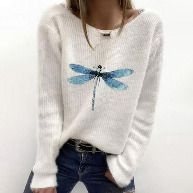 Youthful Blue Dragonfly Print Long Sleeve White Sweater