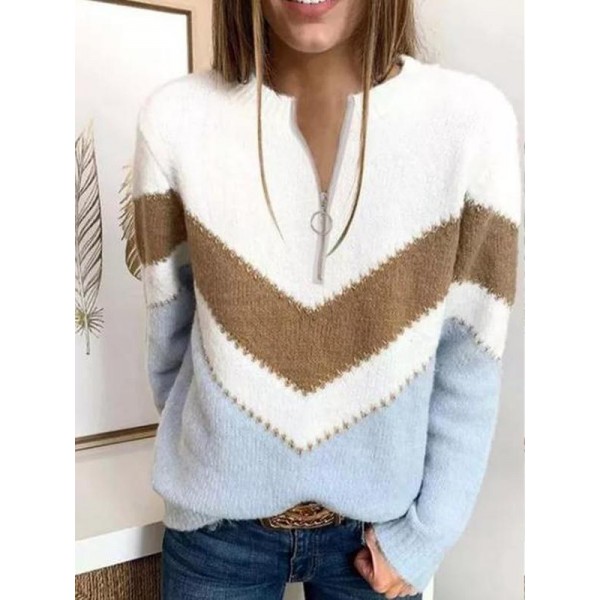 Youthful Zipper V-Neck Color Block Sweater