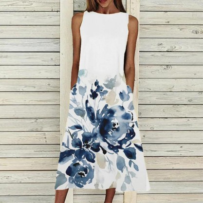 Elegant Print Round Neck Sleeveless Midi Dress