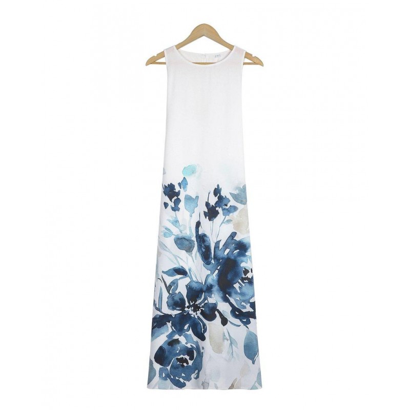 Elegant Print Round Neck Sleeveless Midi Dress