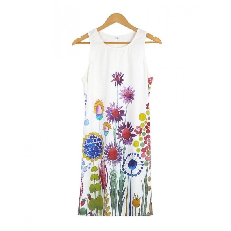 Fresh Plant Print Sleeveless White Mini Dress