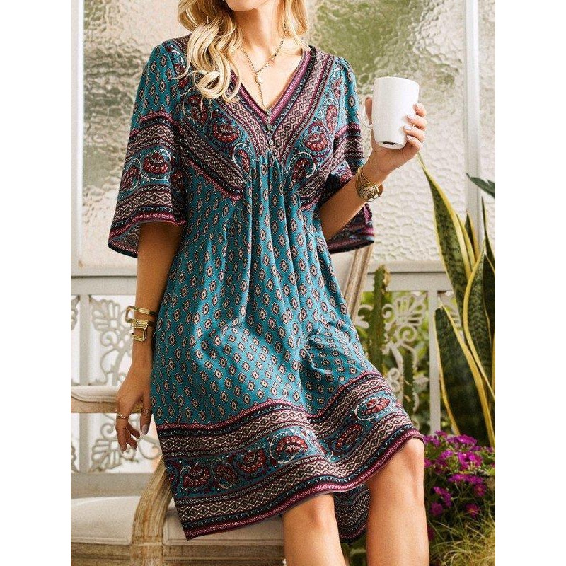 Retro V-Neck Short Sleeve Printed Mini Dress